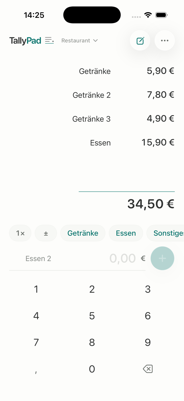 TallyPad-Bildschirm mit vier Positionen und einer Gesamtsumme von 34,50 €