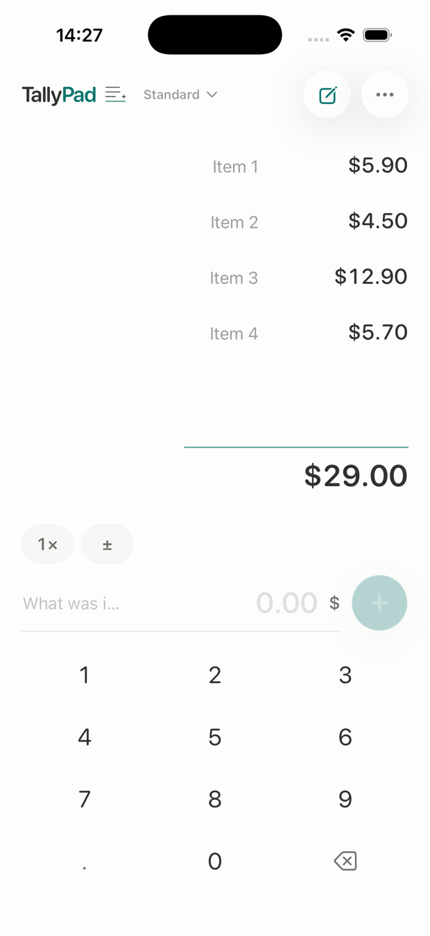 TallyPad screen showing four entries and a running total of $29.00